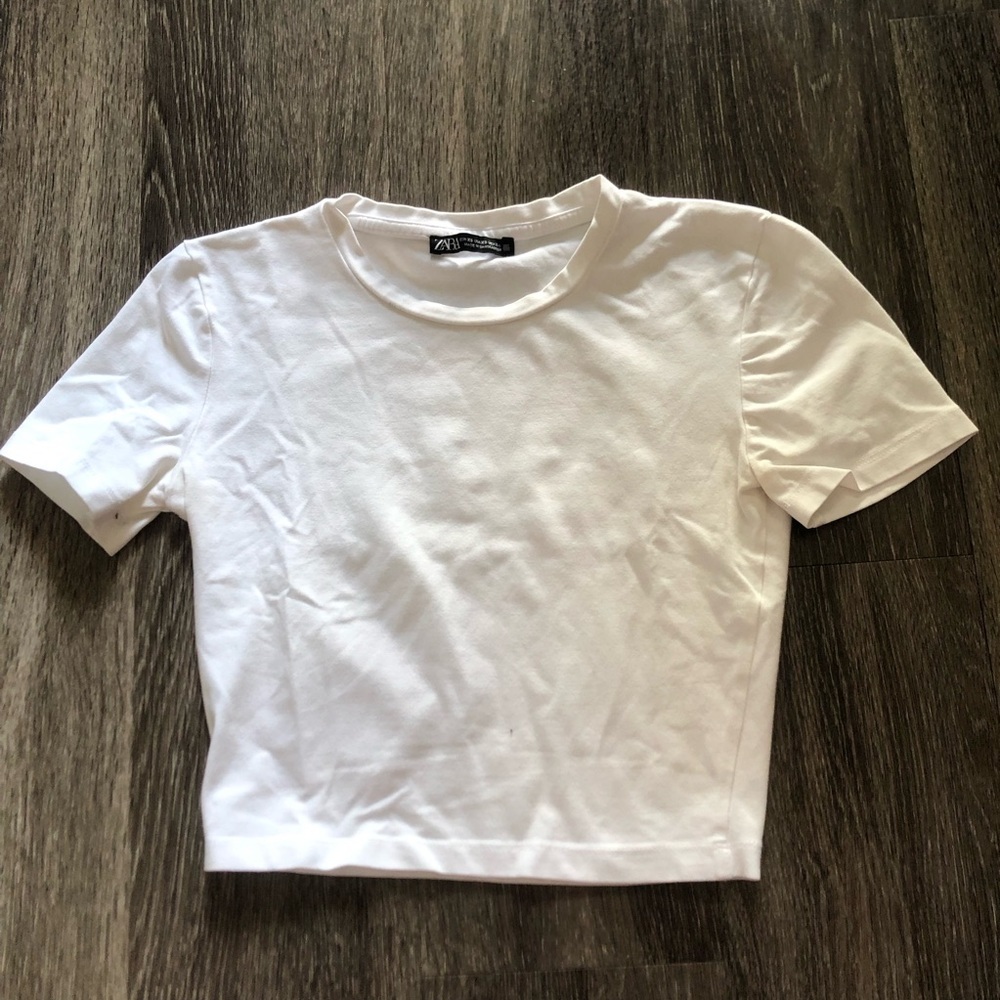 Zara White Cotton Blend Crop Baby Tee Crop Top XS